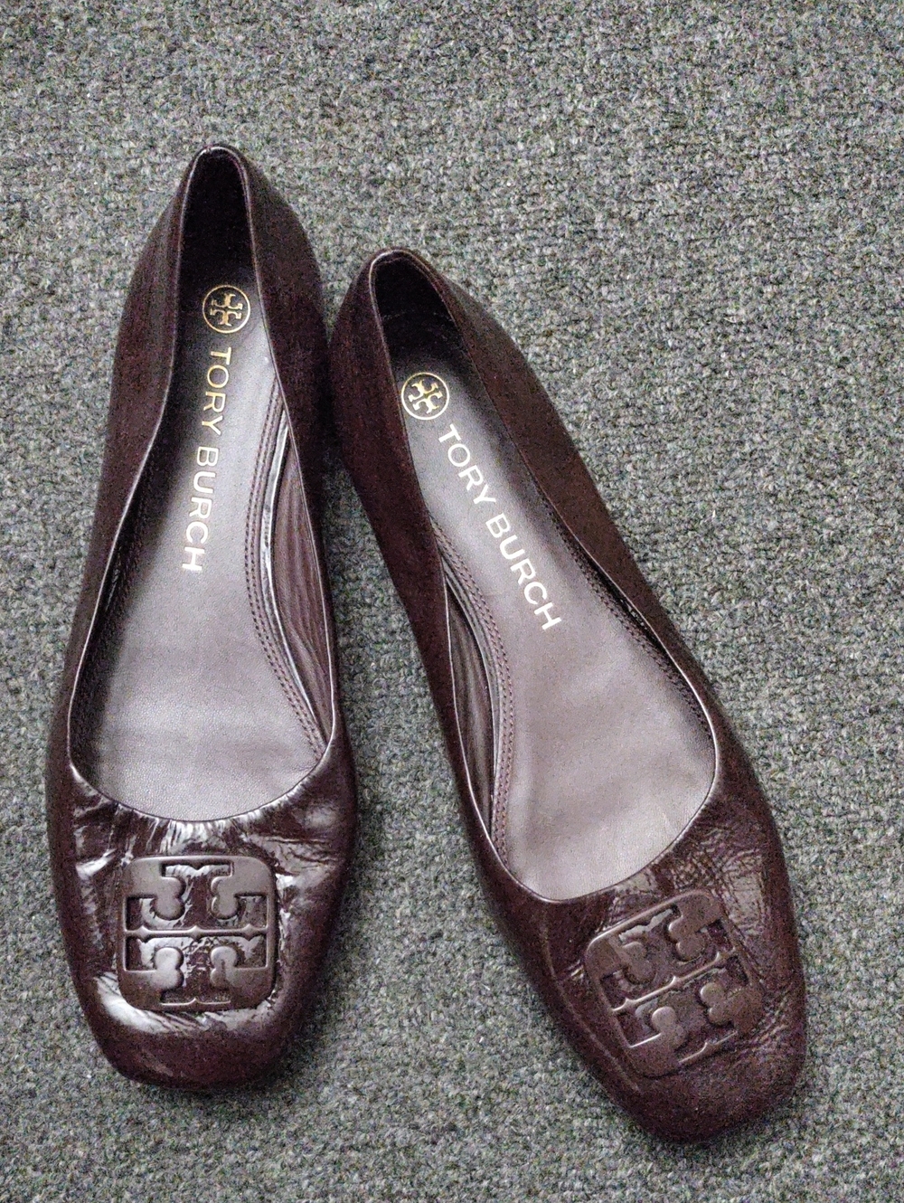 Tory Burch "Georgia"  Purple/Plum Patent Leather Logo Square Toe Ballet Flats